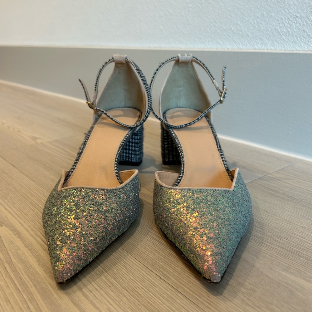 J Crew sparkle/plaid block heels